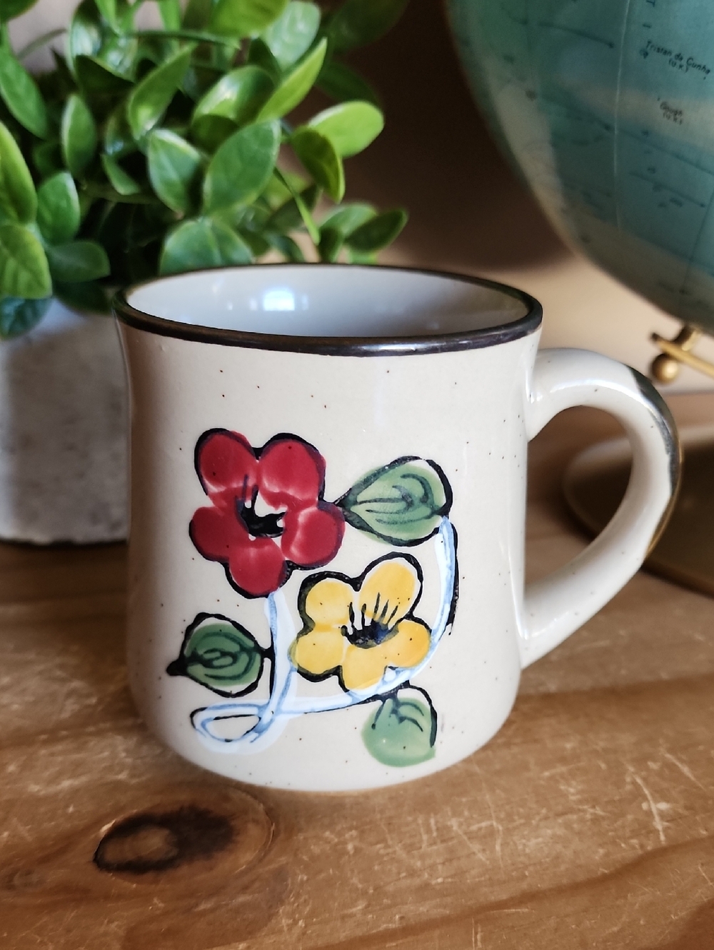 Vintage Hand-Painted Floral Ceramic Coffee Mug - Red & Yellow Flowers